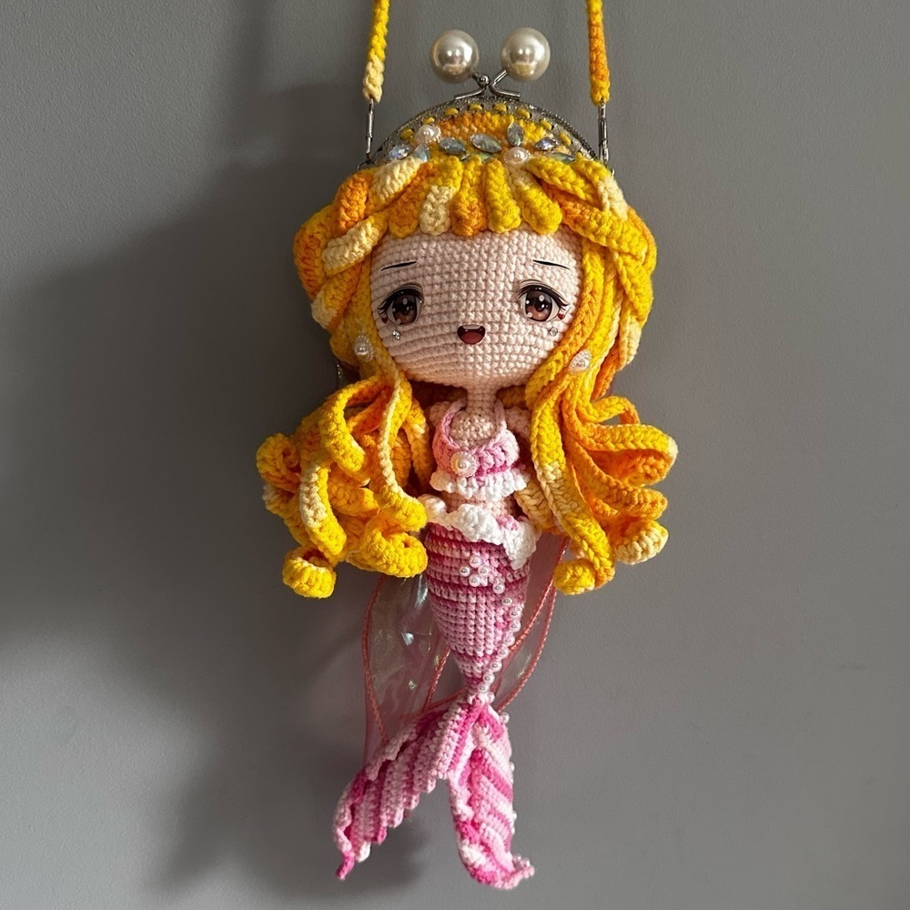 Mermaid, RARE, Crochet,  Crossbody Purse, Bag, Jewel Details, Amigurumi, Doll